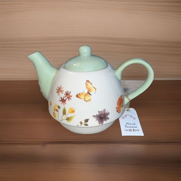Floral Miniture Teapot Hand Painted Cream And Light Green Butterly Flowers 4.5" - Picture 3 of 9